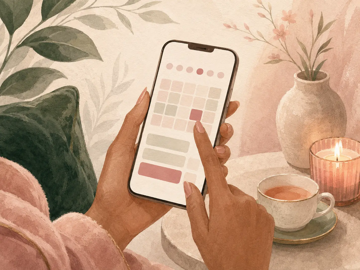Ilustração de uma mulher reservando seu horário pelo celular